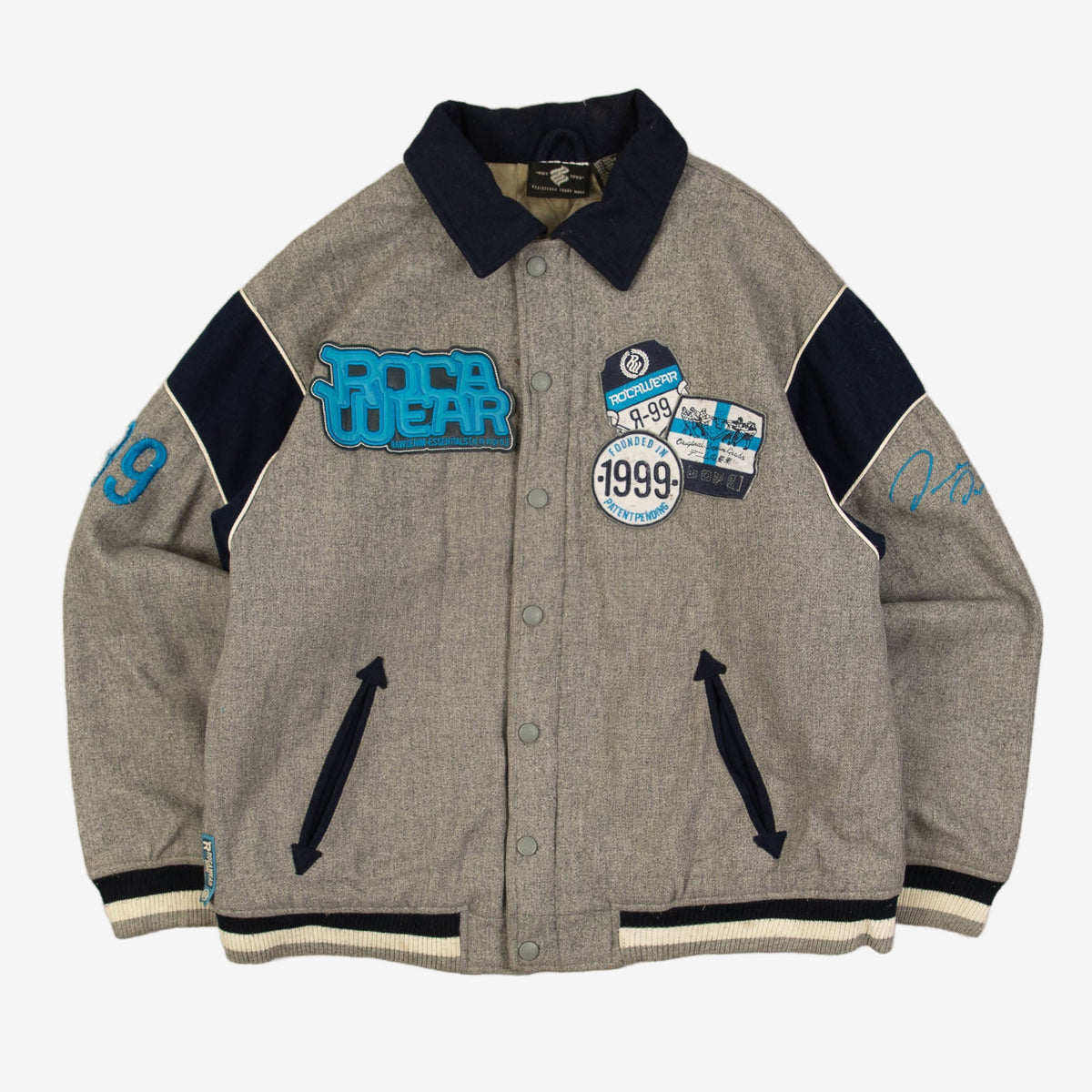 MEN'S VINTAGE 1990S ROCAWEAR PATCH VARSITY BOMBER JACKET - SMALL