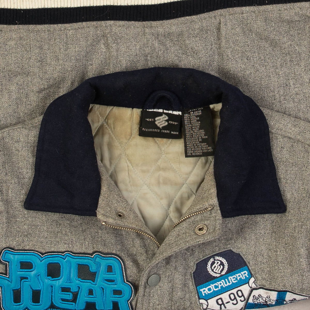 MEN'S VINTAGE 1990S ROCAWEAR PATCH VARSITY BOMBER JACKET - SMALL