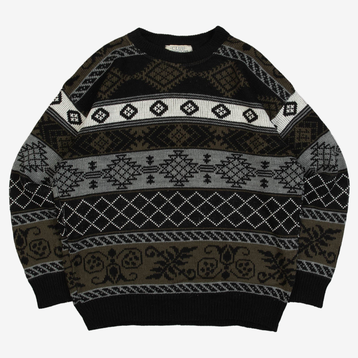 MEN'S VINTAGE 1990S PATTERNED KNITTED JUMPER - LARGE
