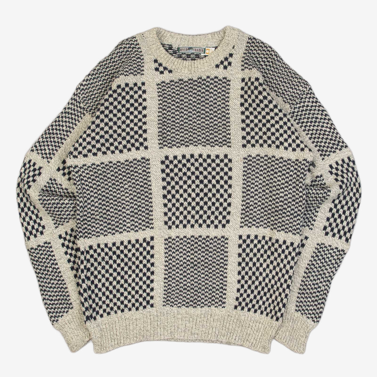 MEN'S VINTAGE 1990S GRID PATTERNED KNITTED JUMPER - LARGE