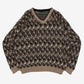 WOMEN'S VINTAGE 1990S PATTERNED V-NECK KNITTED JUMPER - LARGE