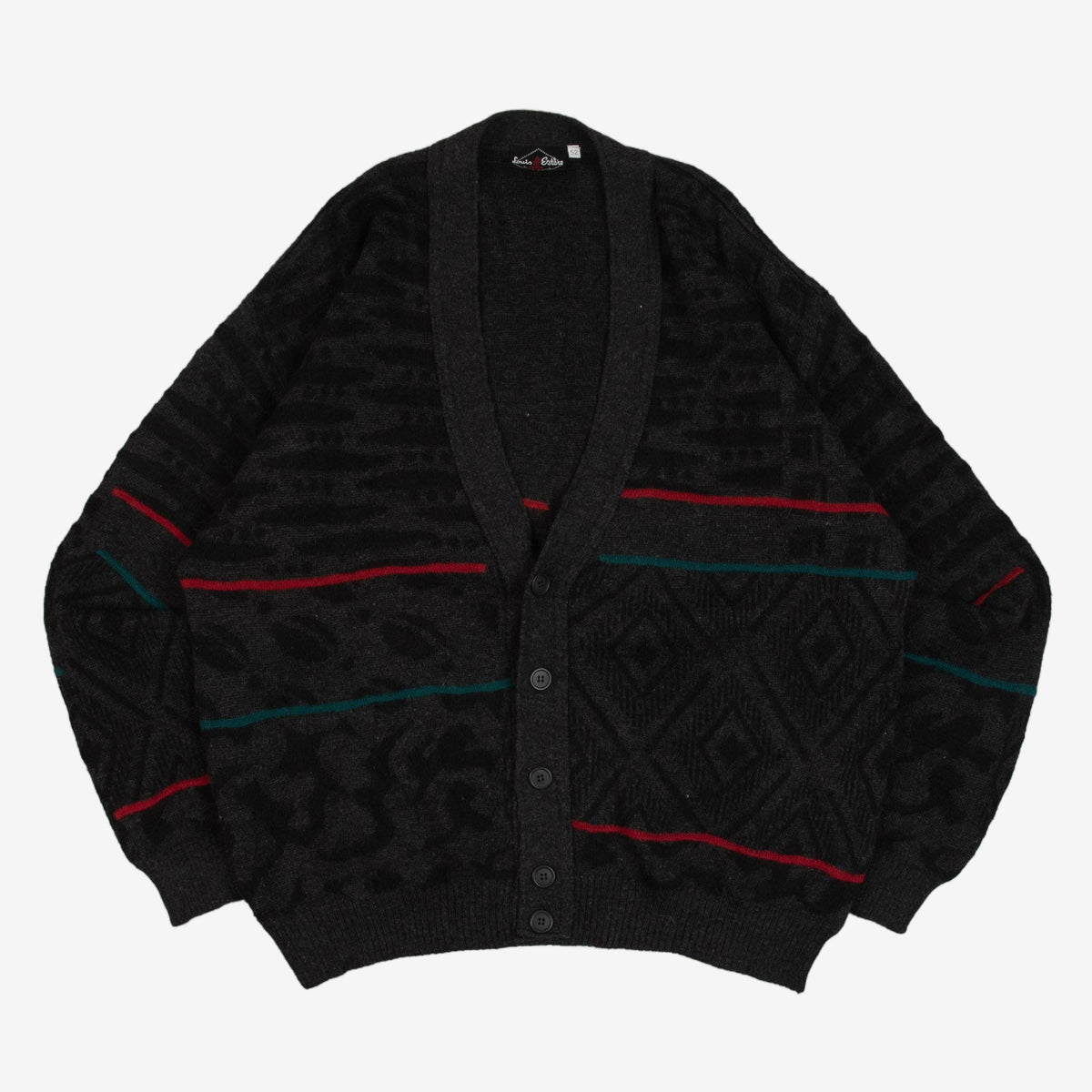 MEN'S VINTAGE 1980S PATTERNED KNITTED CARDIGAN - LARGE