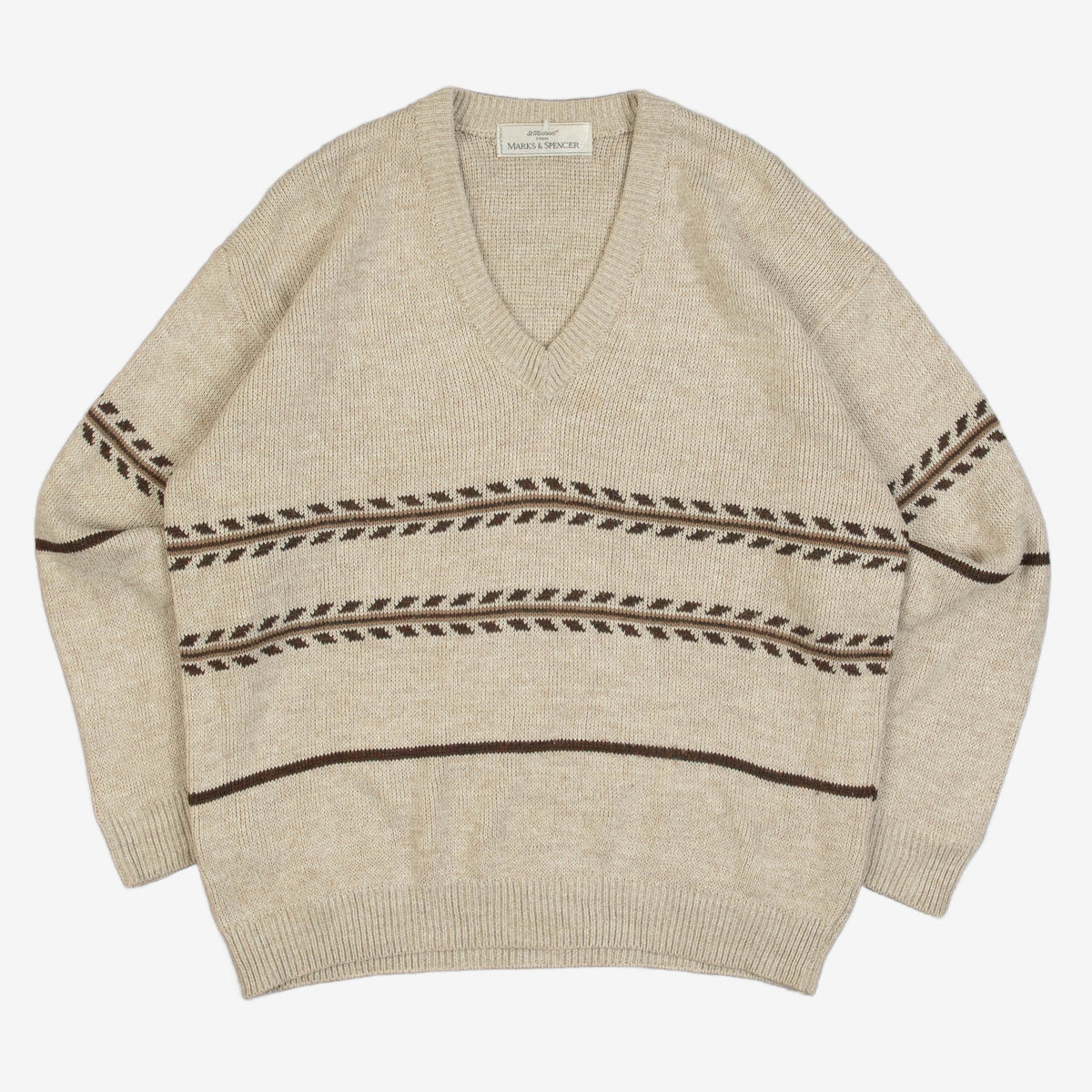 MEN'S VINTAGE 1980S PATTERNED V-NECK KNITTED JUMPER - LARGE