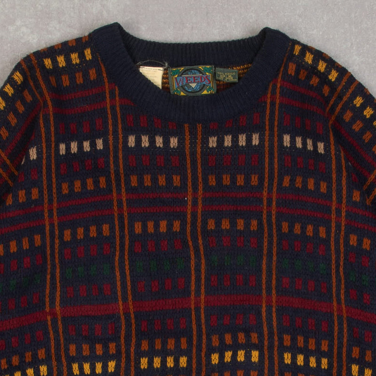 MEN'S VINTAGE 1980S GRID PATTERNED KNITTED JUMPER - X-LARGE