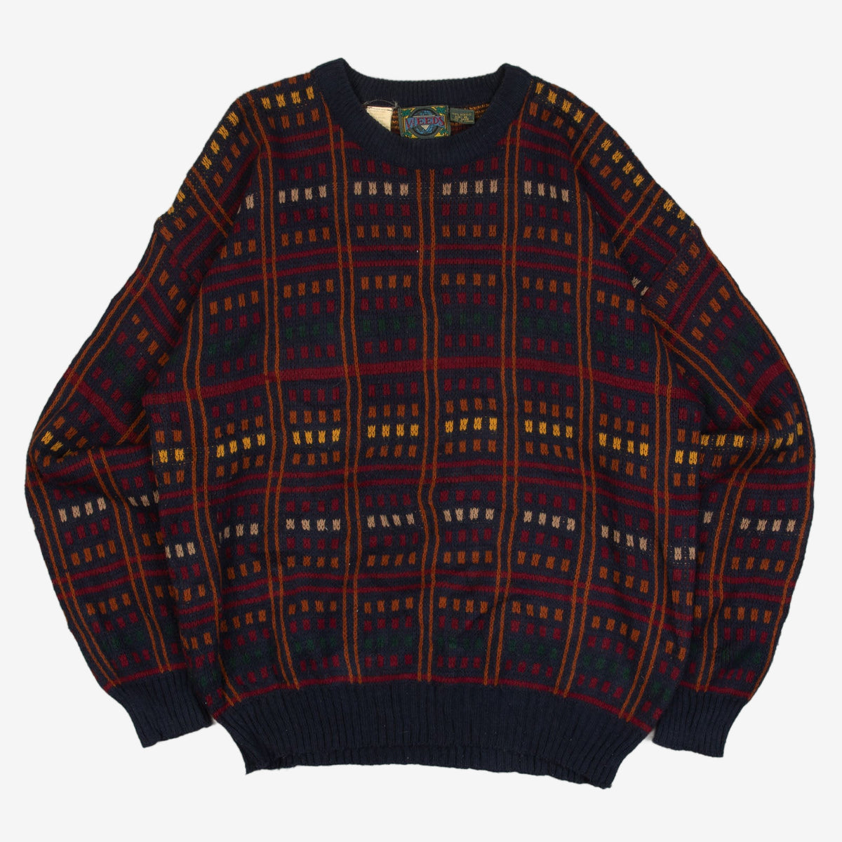 MEN'S VINTAGE 1980S GRID PATTERNED KNITTED JUMPER - X-LARGE