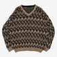 MEN'S VINTAGE 1990S PATTERNED V-NECK KNITTED JUMPER - LARGE