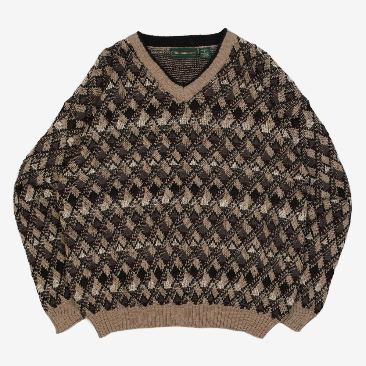 MEN'S VINTAGE 1990S PATTERNED V-NECK KNITTED JUMPER - LARGE