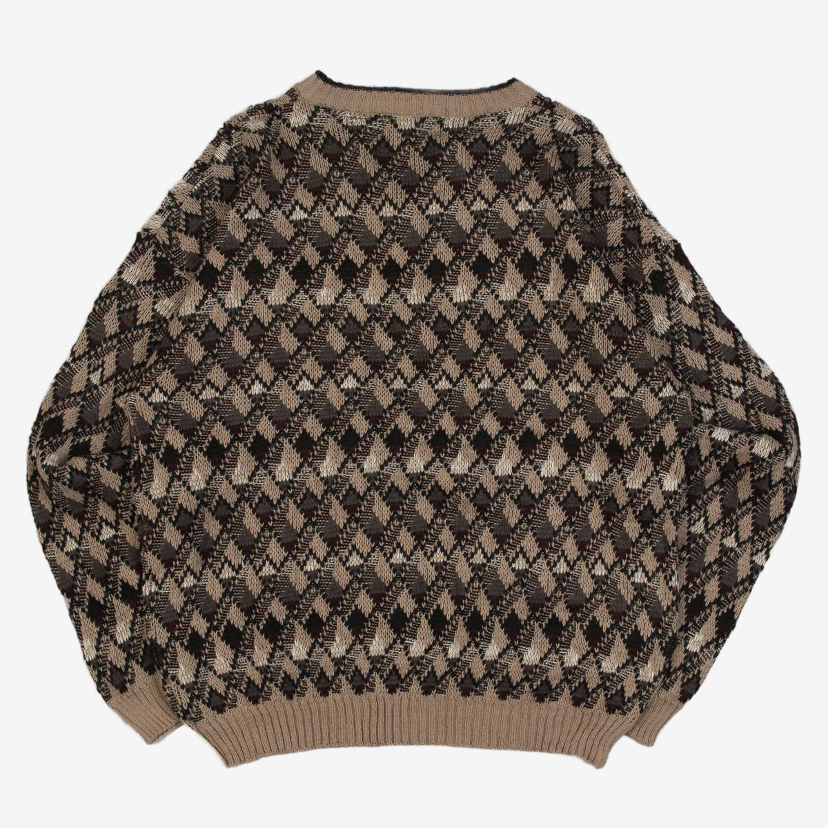 MEN'S VINTAGE 1990S PATTERNED V-NECK KNITTED JUMPER - LARGE