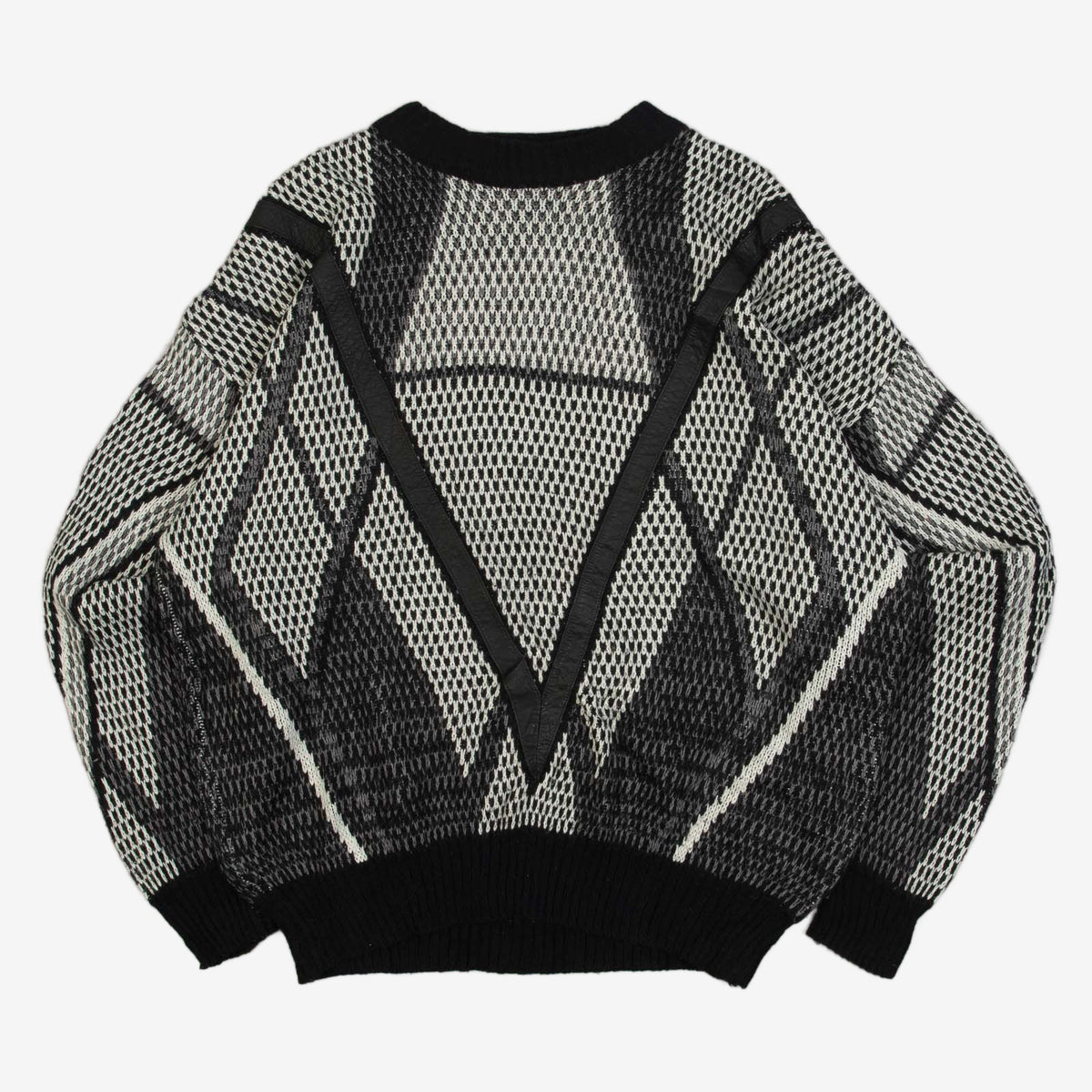 MEN'S VINTAGE 1990S PATTERNED LEATHER PATCH KNITTED JUMPER - X-LARGE