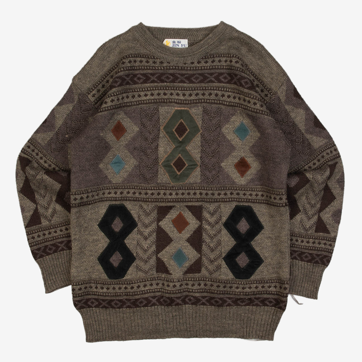 MEN'S VINTAGE 1980S FELT PATCH PATTERNED KNITTE JUMPER - MEDIUM