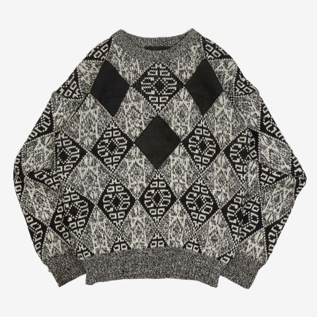 MEN'S VINTAGE 1990S LEATHER PATCH PATTERNED KNITTED JUMPER - LARGE