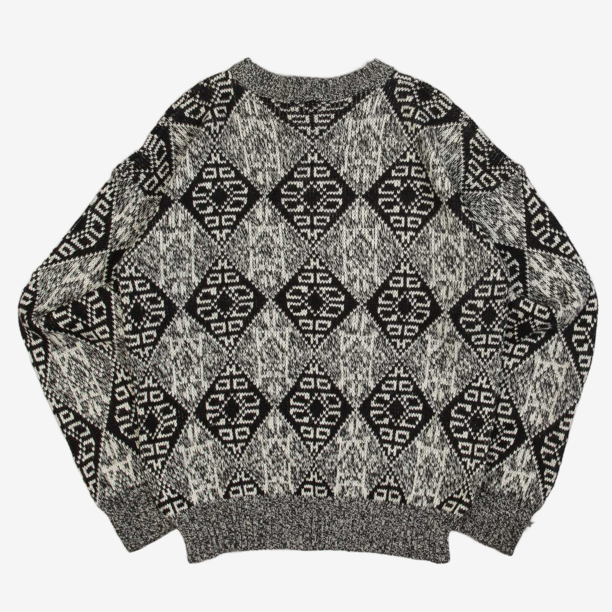 MEN'S VINTAGE 1990S LEATHER PATCH PATTERNED KNITTED JUMPER - LARGE