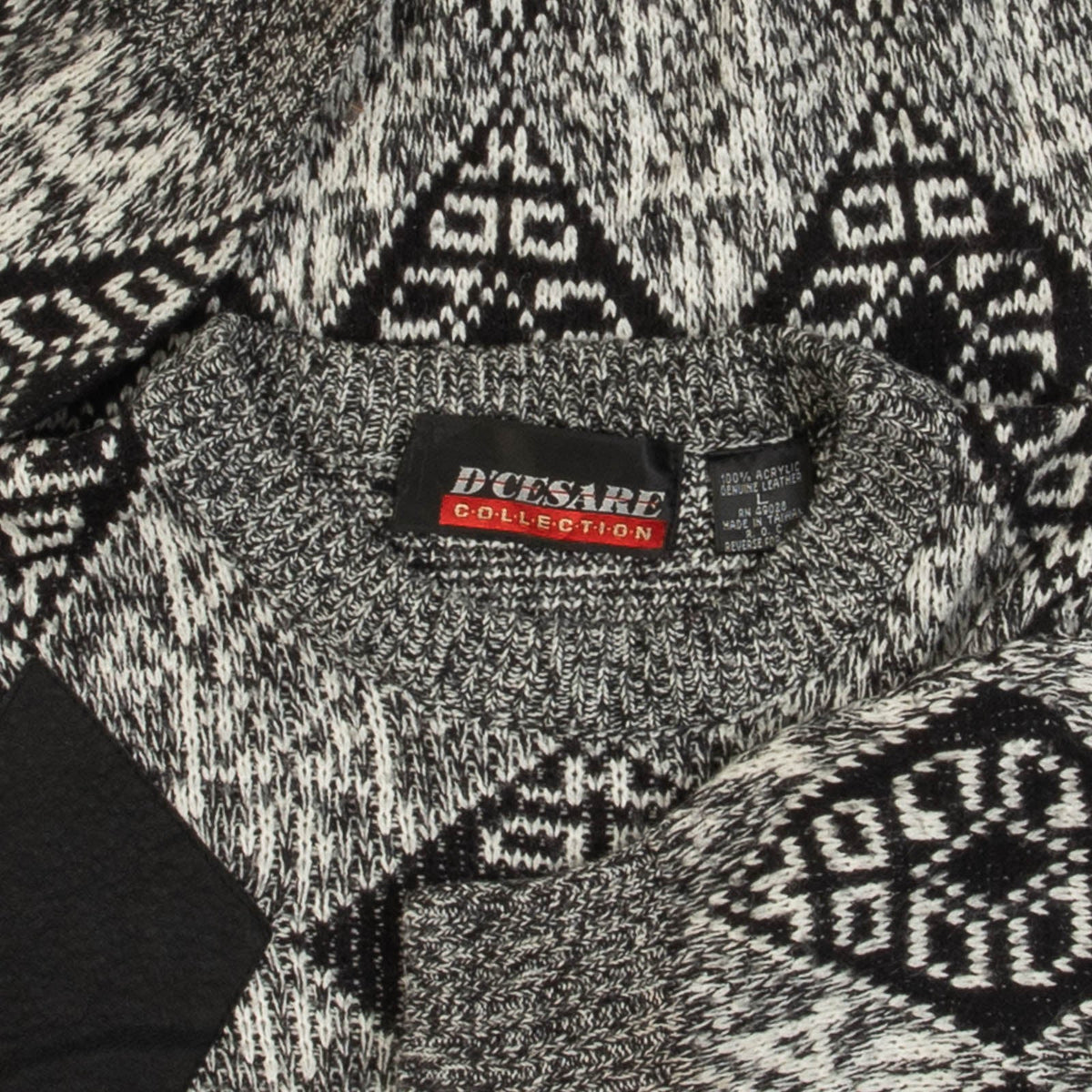 MEN'S VINTAGE 1990S LEATHER PATCH PATTERNED KNITTED JUMPER - LARGE