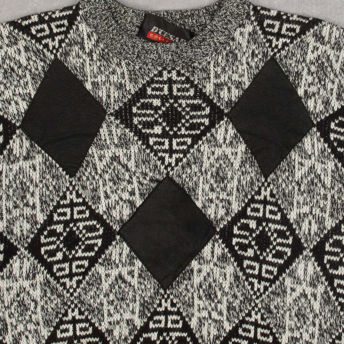 MEN'S VINTAGE 1990S LEATHER PATCH PATTERNED KNITTED JUMPER - LARGE