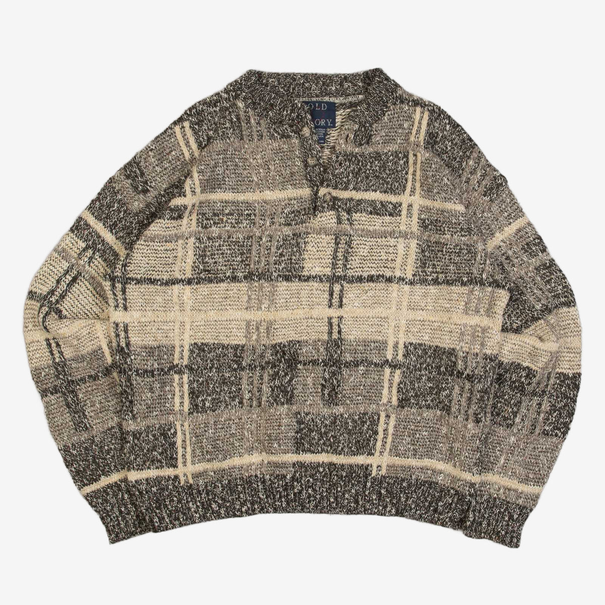 MEN'S VINTAGE 1990S QUARTER BUTTONED CHECKED KNITTED JUMPER - MEDIUM