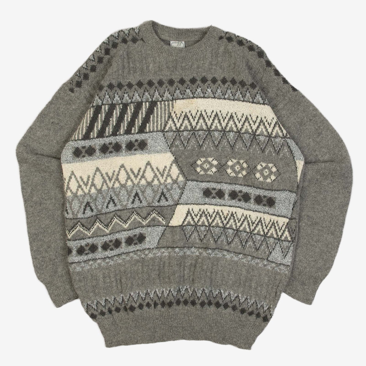 MEN'S VINTAGE 1990S SHETLAND STRUCTURED PATTERNED KNITTED JUMPER - LARGE