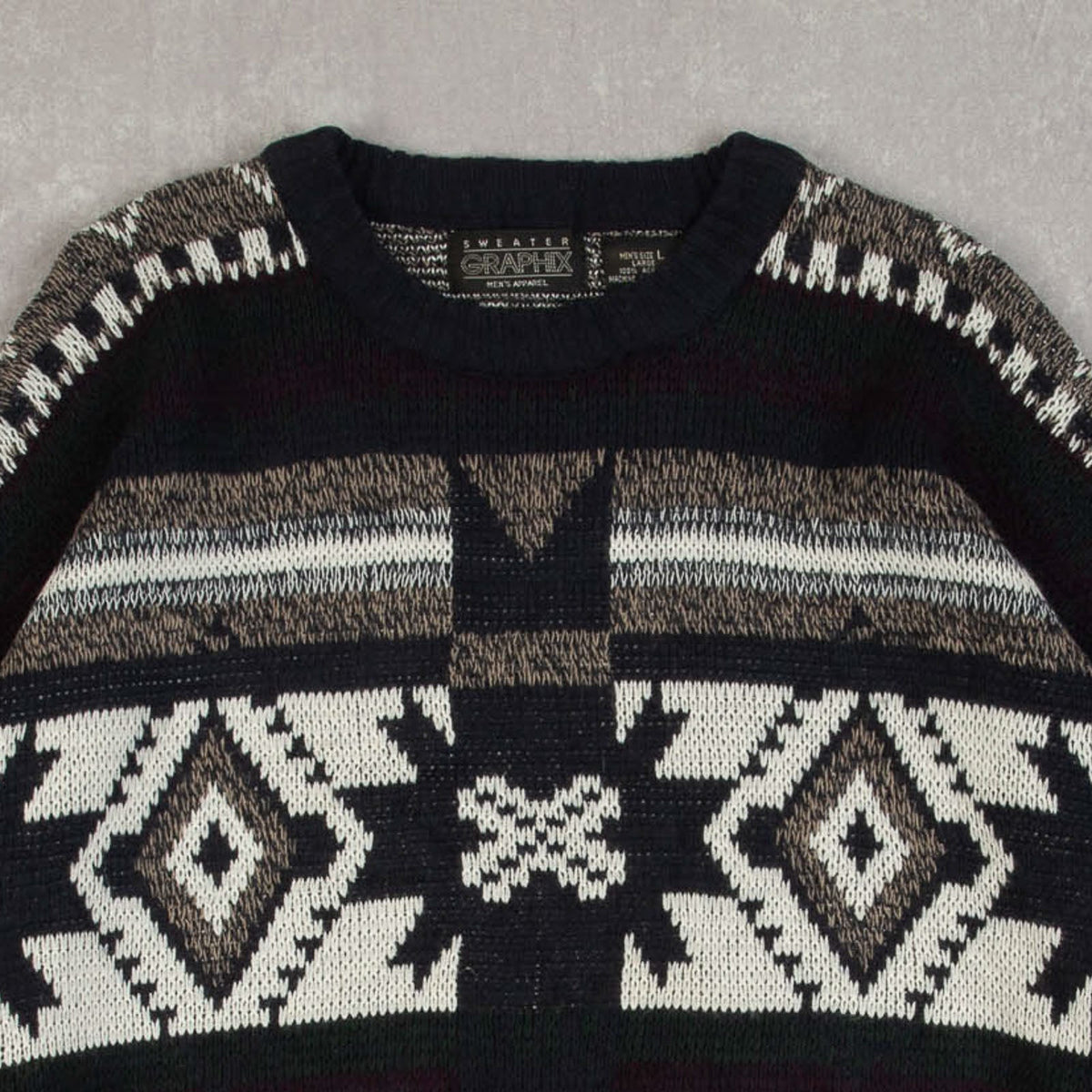 MEN'S VINTAGE 1990S PATTERNED KNITTED JUMPER - LARGE