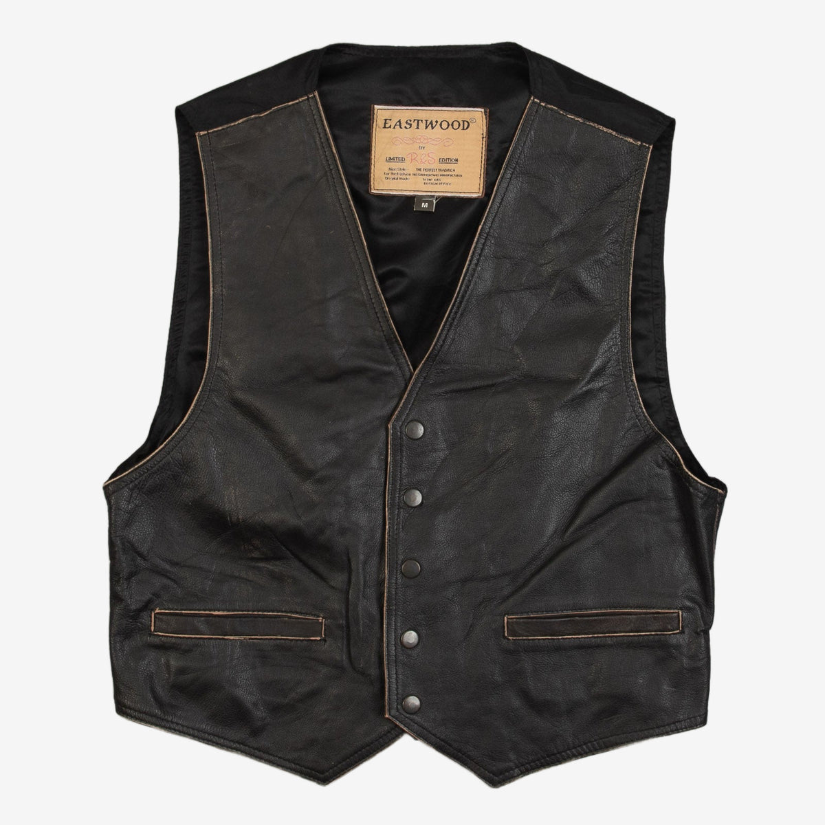 MEN'S VINTAGE 1980S LEATHER GILET VEST JACKET - MEDIUM