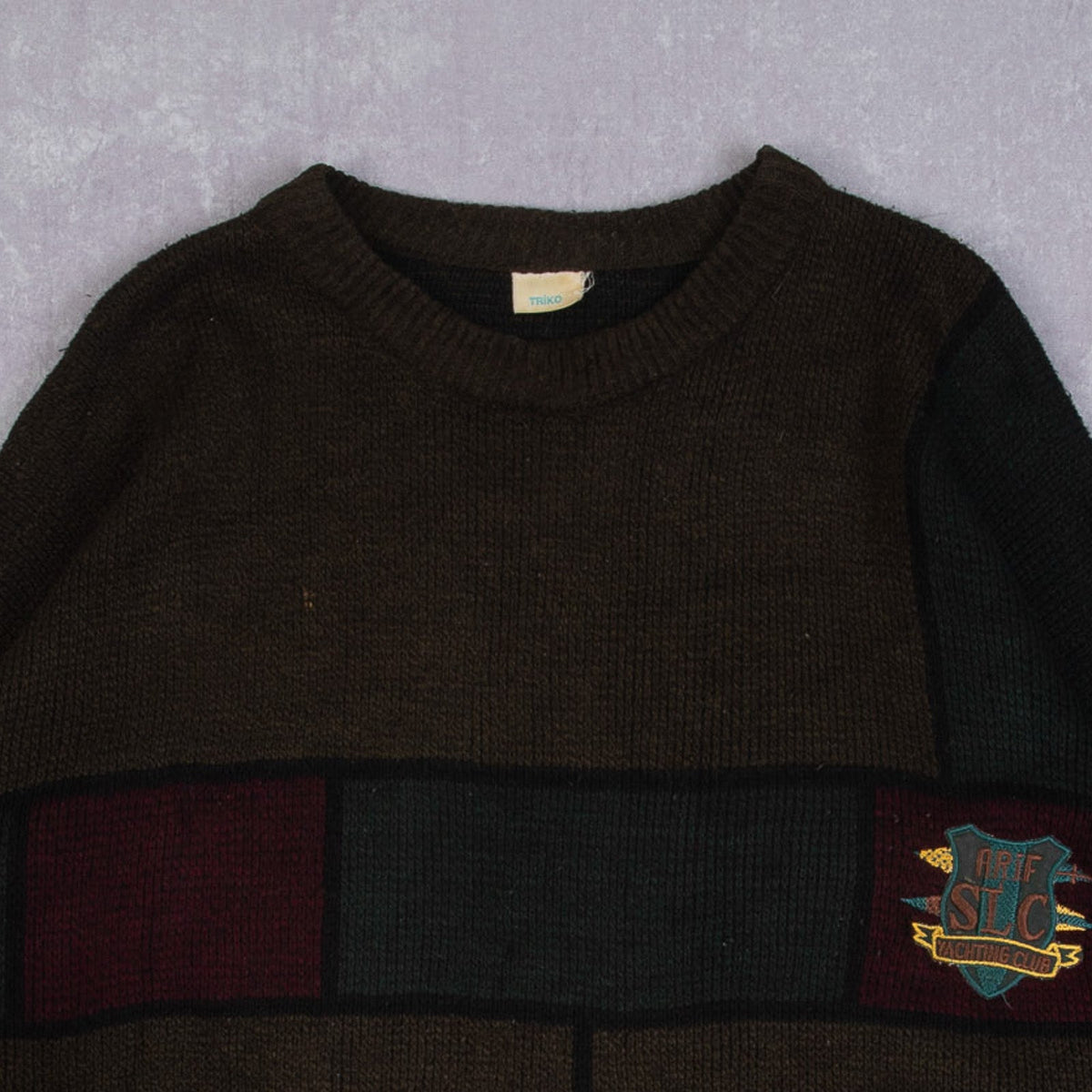 MEN'S VINTAGE 1980S SLC BLOCK PATTERNED KNITTED JUMPER - X-LARGE