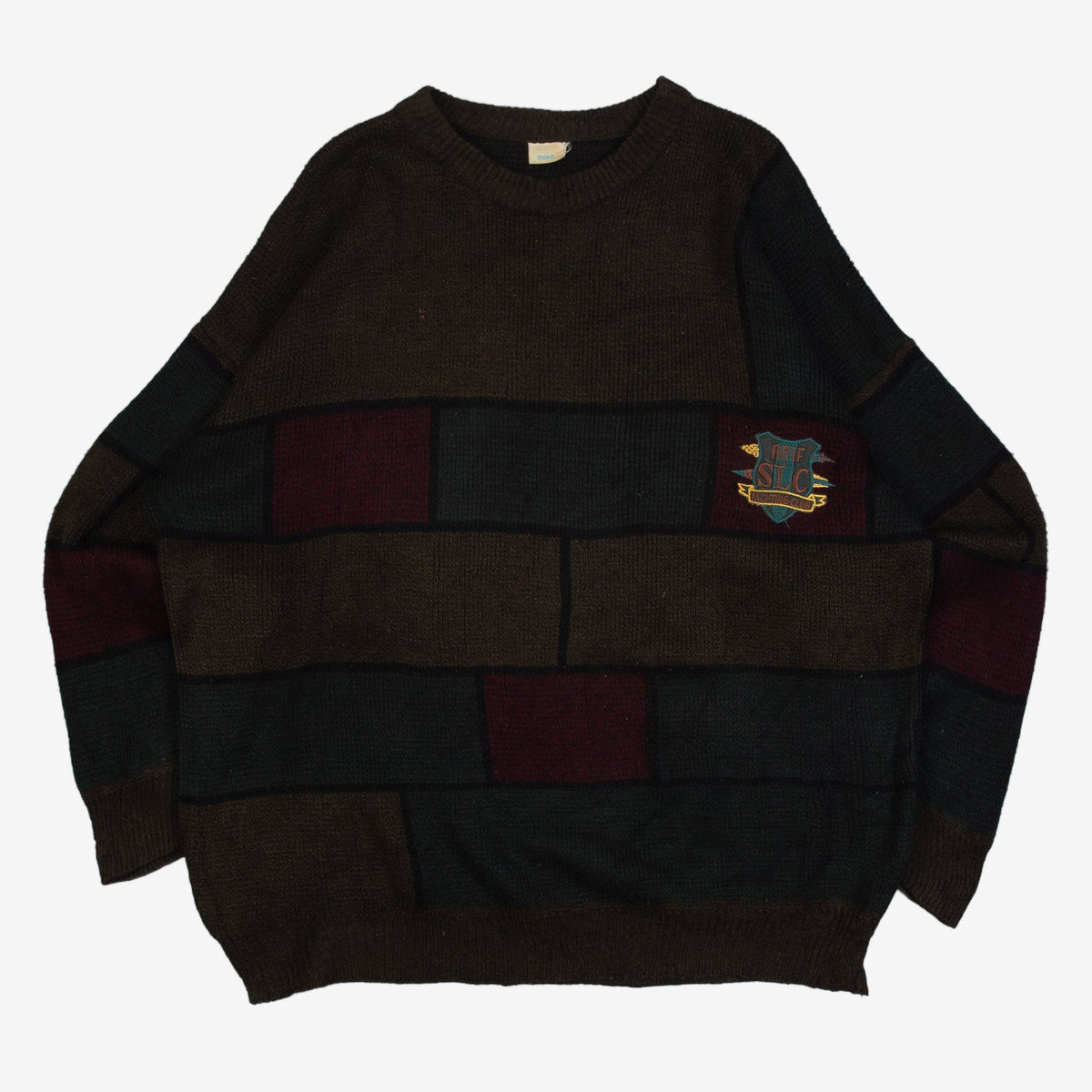 MEN'S VINTAGE 1980S SLC BLOCK PATTERNED KNITTED JUMPER - X-LARGE