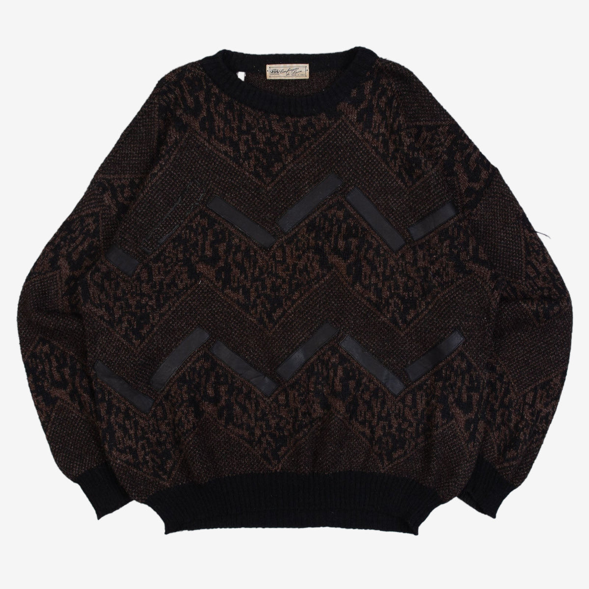 MEN'S VINTAGE 1980S LEATHER PATCH PATTERNED KNITTED JUMPER - LARGE