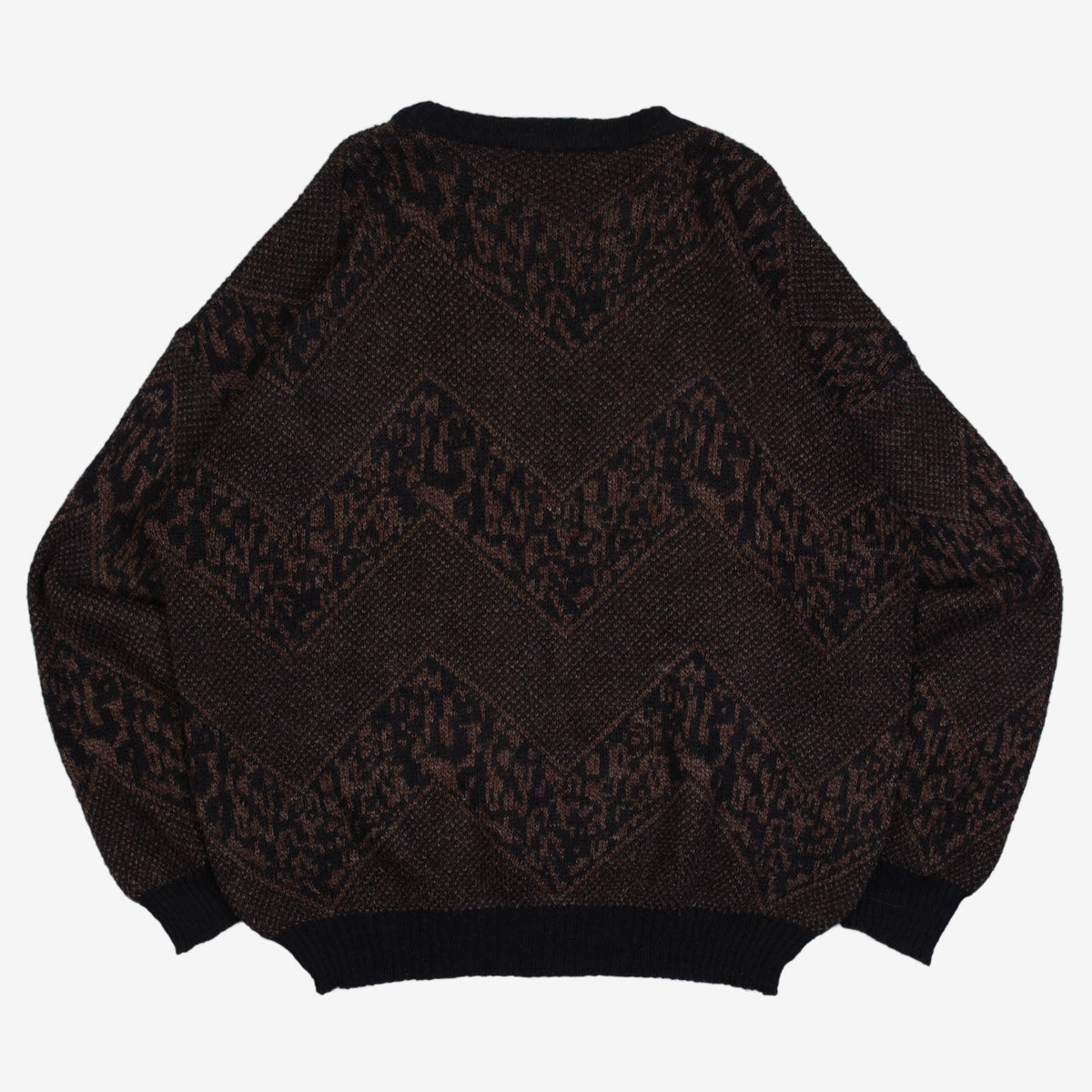 MEN'S VINTAGE 1980S LEATHER PATCH PATTERNED KNITTED JUMPER - LARGE