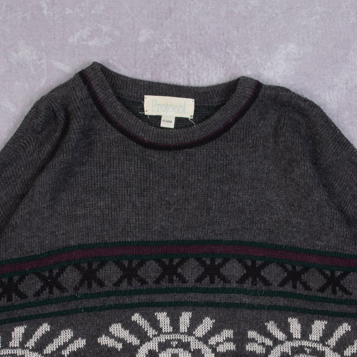 MEN'S VINTAGE 1980S PATTERNED KNITTED JUMPER - MEDIUM