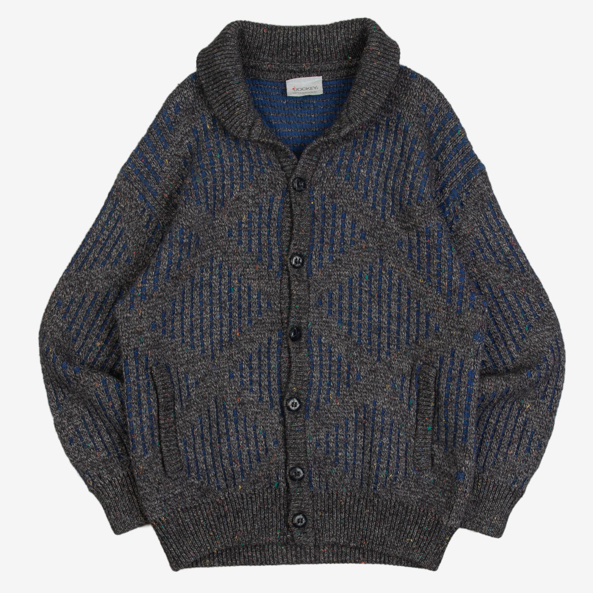 MEN'S VINTAGE 1980S RIBBED DIAMOND KNITTED CARDIGAN - MEDIUM