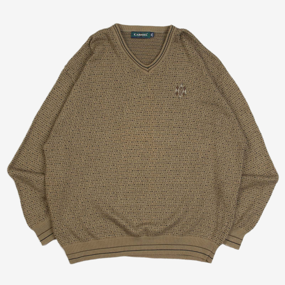 MEN'S VINTAGE 1990S PATTERNED V-NECK KNITTED JUMPER - XX-LARGE
