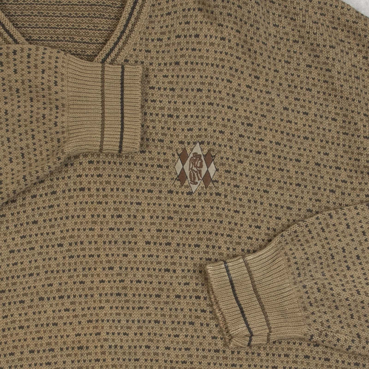 MEN'S VINTAGE 1990S PATTERNED V-NECK KNITTED JUMPER - XX-LARGE