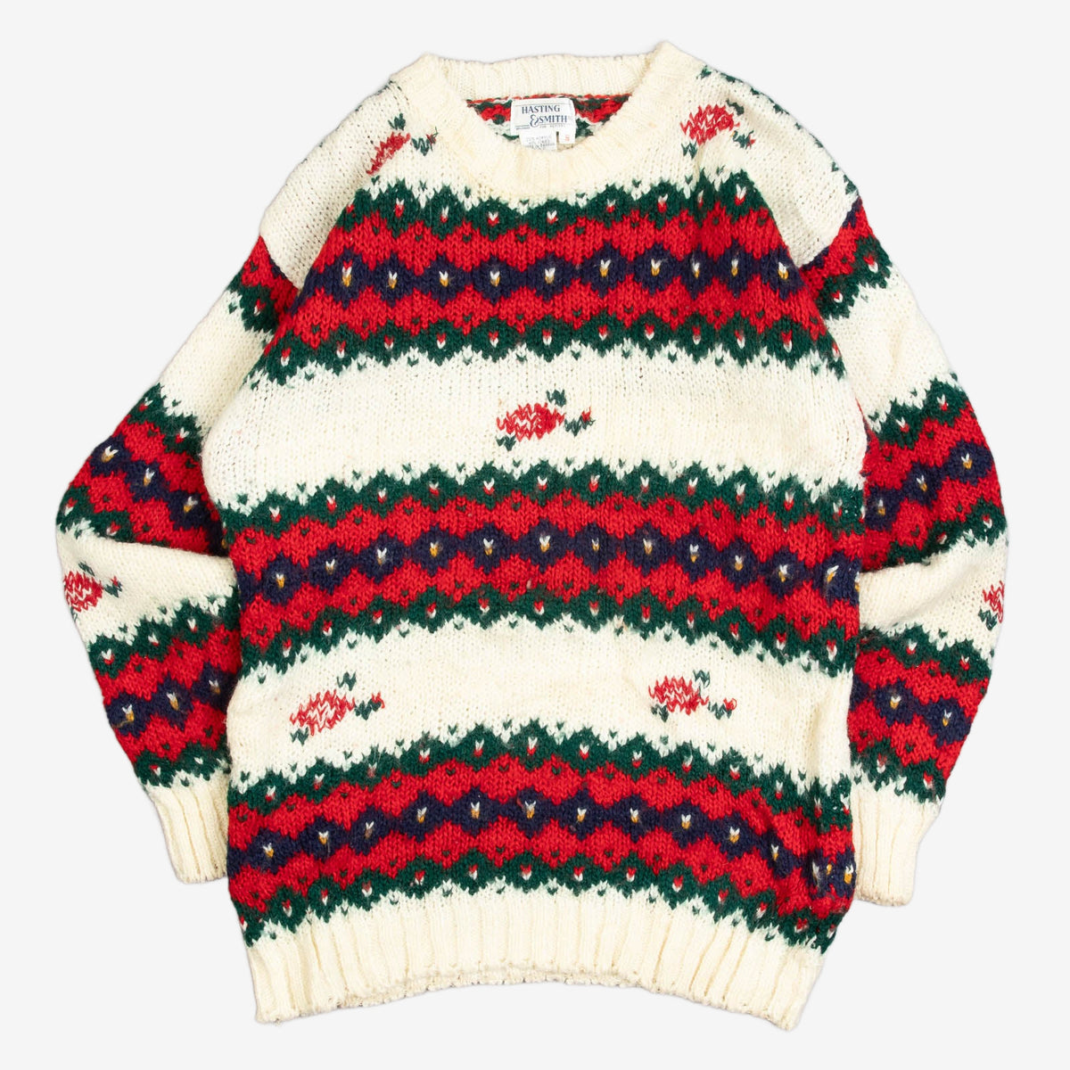 MEN'S VINTAGE 1980S PATTERNED HAND KNITTED JUMPER - SMALL