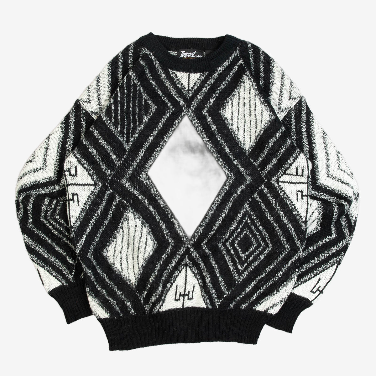 MEN'S VINTAGE 1980S LEATHER PATCH PATTERNED KNITTED JUMPER - MEDIUM