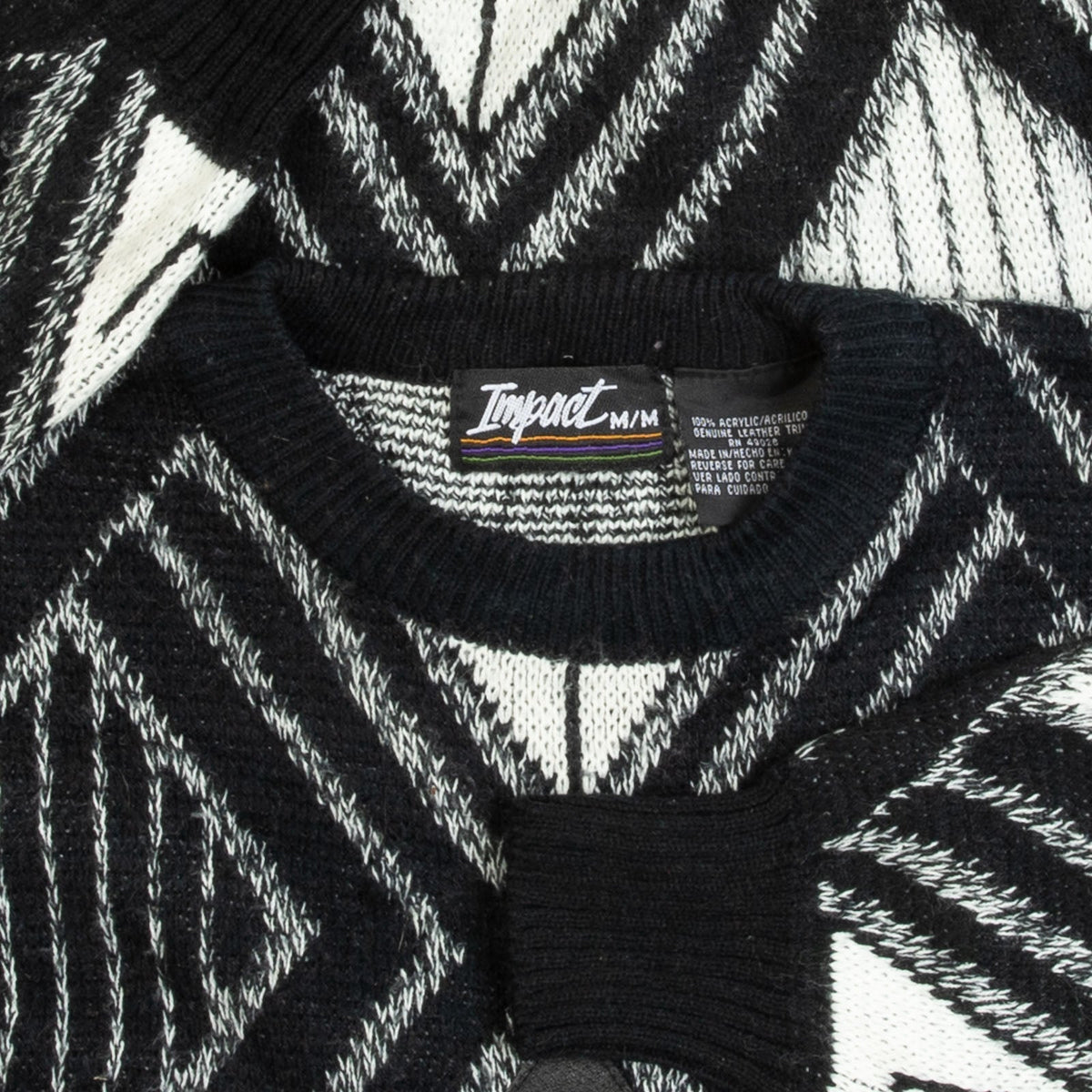 MEN'S VINTAGE 1980S LEATHER PATCH PATTERNED KNITTED JUMPER - MEDIUM