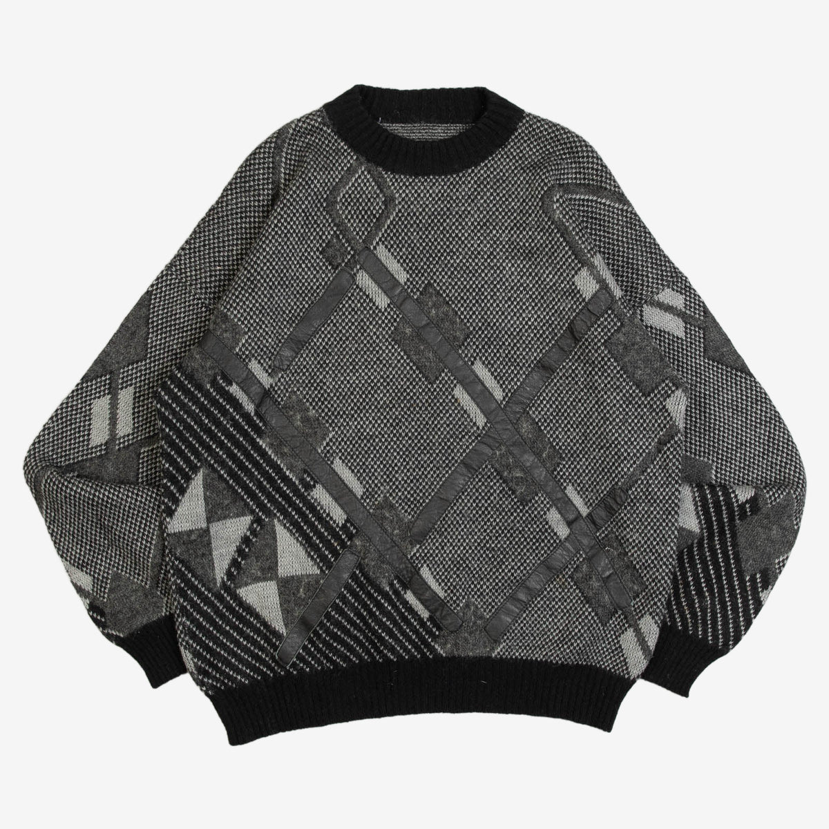 WOMEN'S VINTAGE 1980S DIAMOND LEATHER PATCH KNITTED JUMPER - X-LARGE