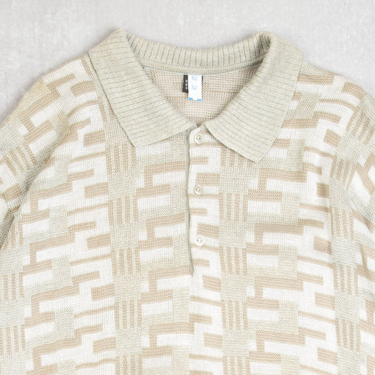 MEN'S VINTAGE 1990S PATTERNED KNITTED POLO JUMPER - MEDIUM