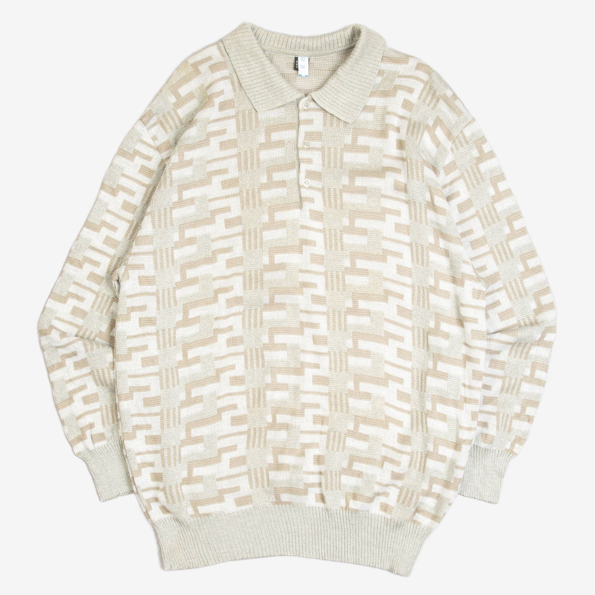 MEN'S VINTAGE 1990S PATTERNED KNITTED POLO JUMPER - MEDIUM