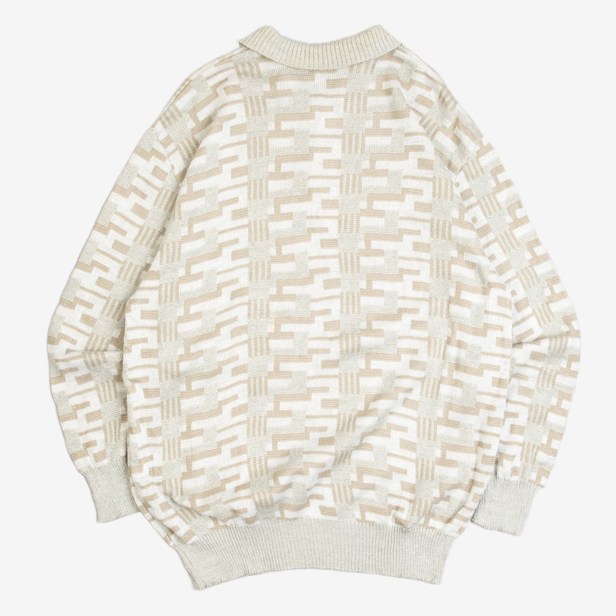 MEN'S VINTAGE 1990S PATTERNED KNITTED POLO JUMPER - MEDIUM