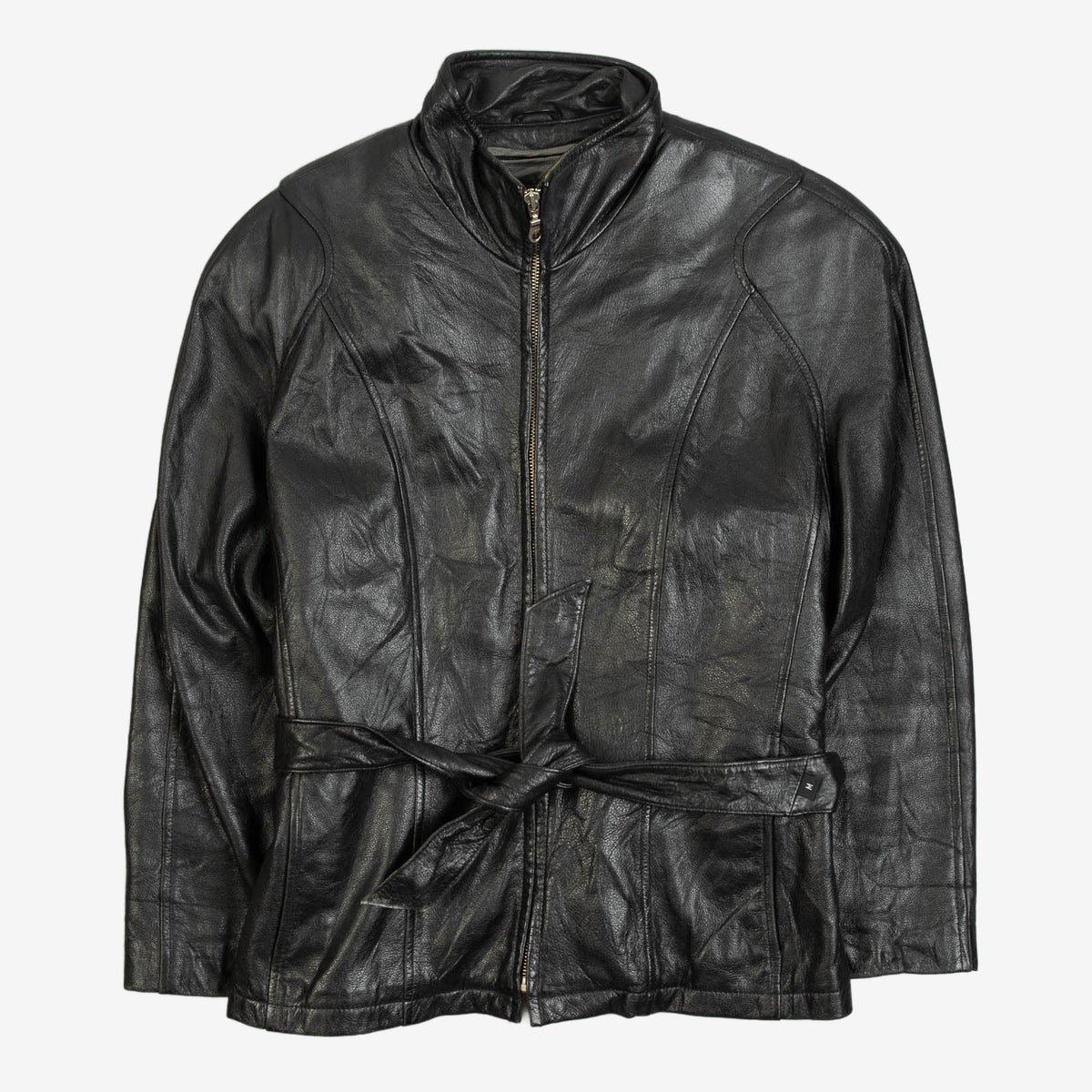 WOMEN'S VINTAGE 1990S LEATHER BELTED BIKER JACKET - MEDIUM