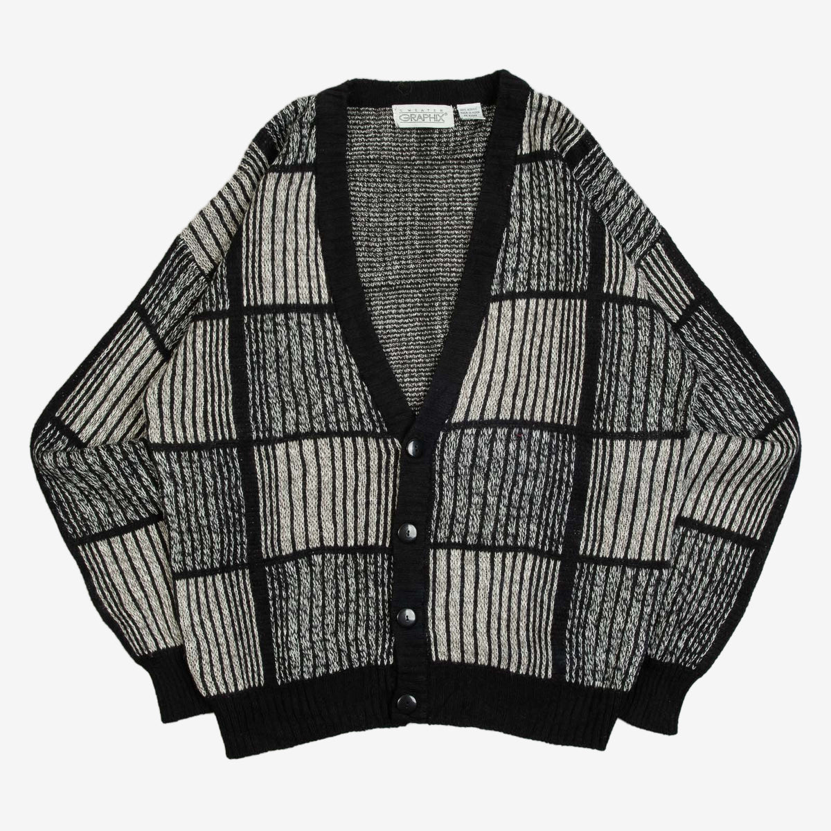 MEN'S VINTAGE 1990S GRID STRIPED KNITTED CARDIGAN - MEDIUM