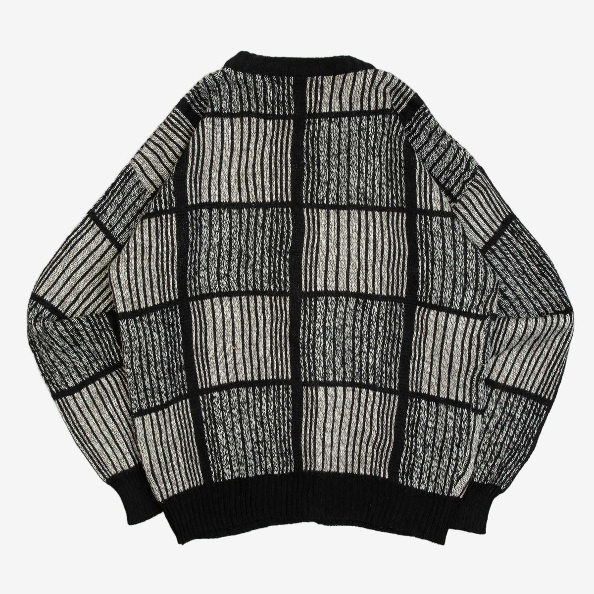 MEN'S VINTAGE 1990S GRID STRIPED KNITTED CARDIGAN - MEDIUM