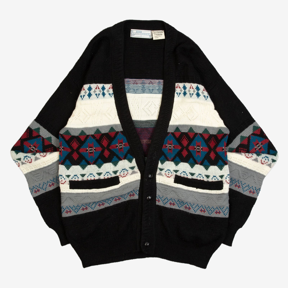MEN'S VINTAGE 1980S STRUCTURED PATTERNED KNITTED CARDIGAN - MEDIUM