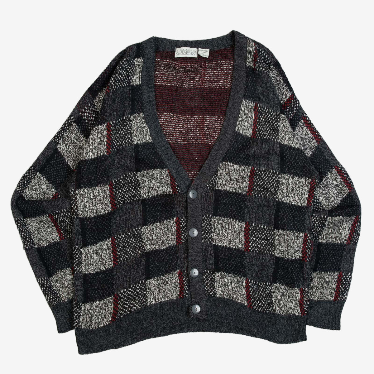 MEN'S VINTAGE 1990S CHECKERBOARD PATTERNED KNITTED CARDIGAN - LARGE