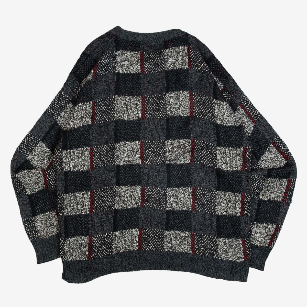 MEN'S VINTAGE 1990S CHECKERBOARD PATTERNED KNITTED CARDIGAN - LARGE