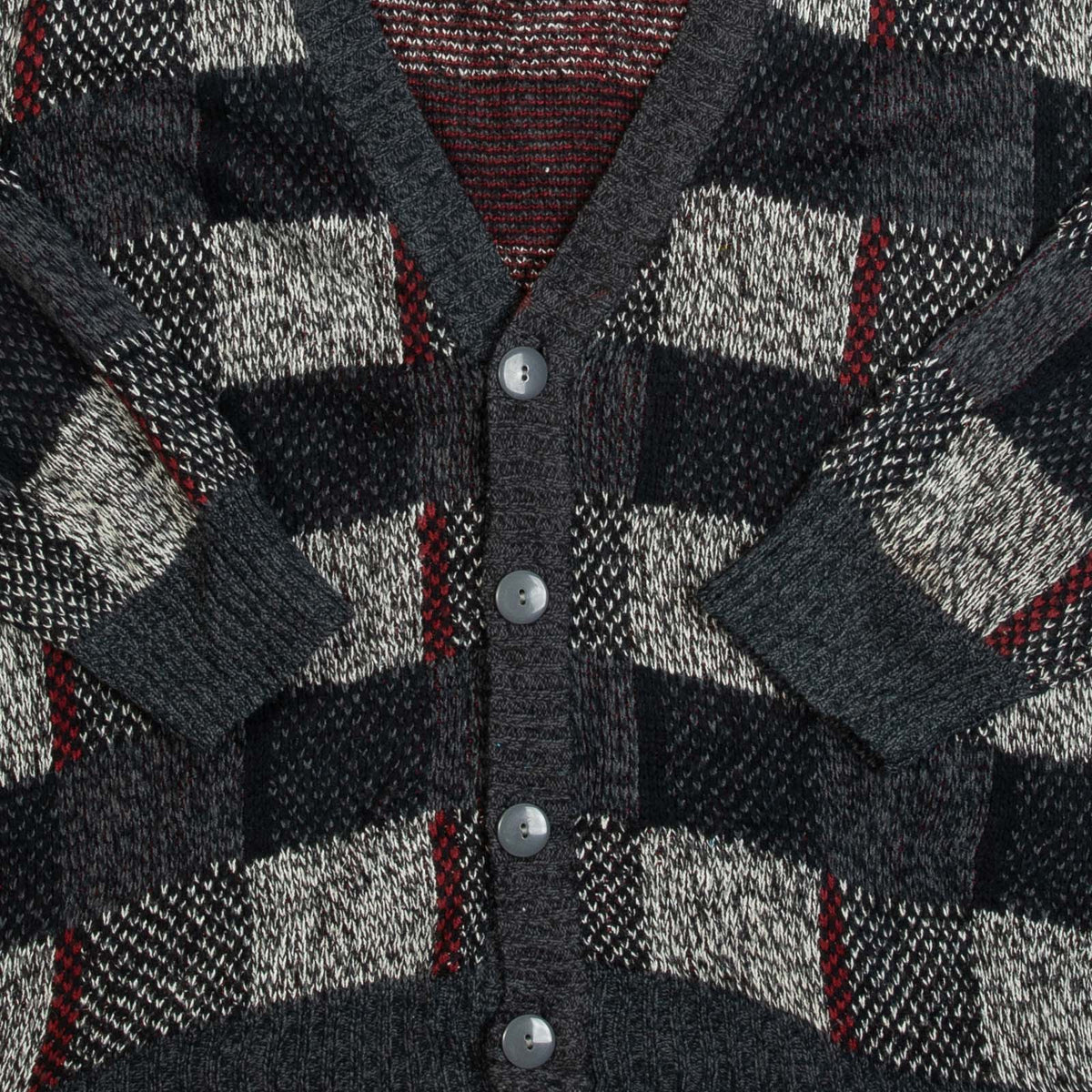 MEN'S VINTAGE 1990S CHECKERBOARD PATTERNED KNITTED CARDIGAN - LARGE