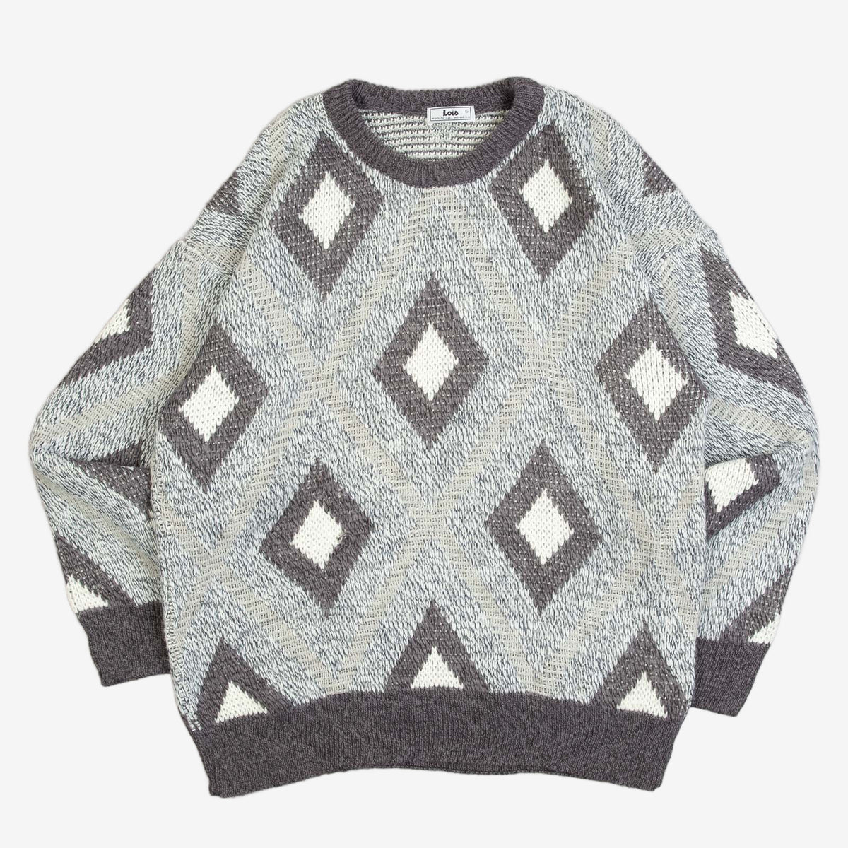 MEN'S VINTAGE 1980S DIAMOND PATTERNED KNITTED JUMPER - LARGE