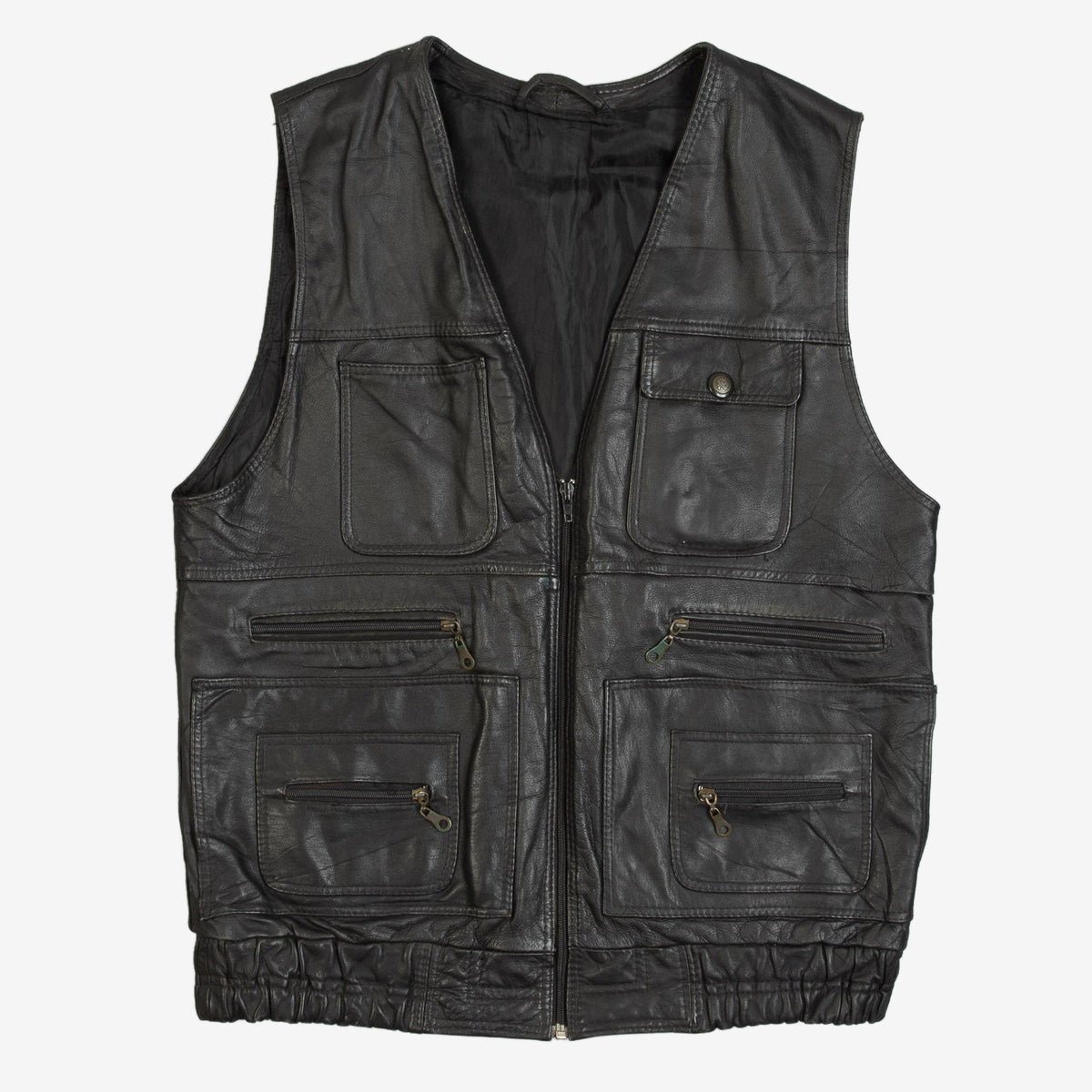 MEN'S VINTAGE 1990S LEATHER UTILITY VEST JACKET - SMALL