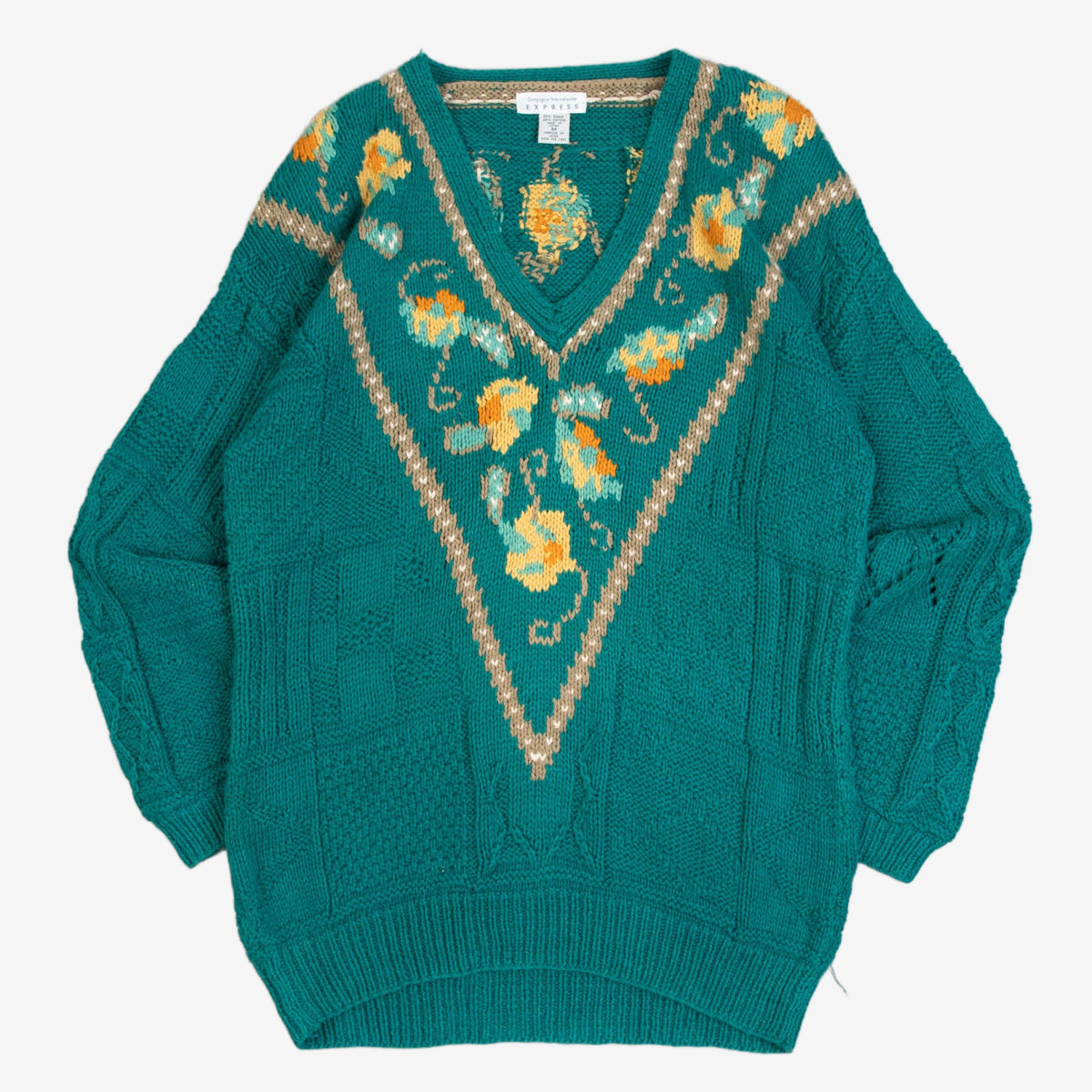 MEN'S VINTAGE 1990S STRUCTURED PATTERNED V-NECK KNITTED JUMPER - MEDIUM