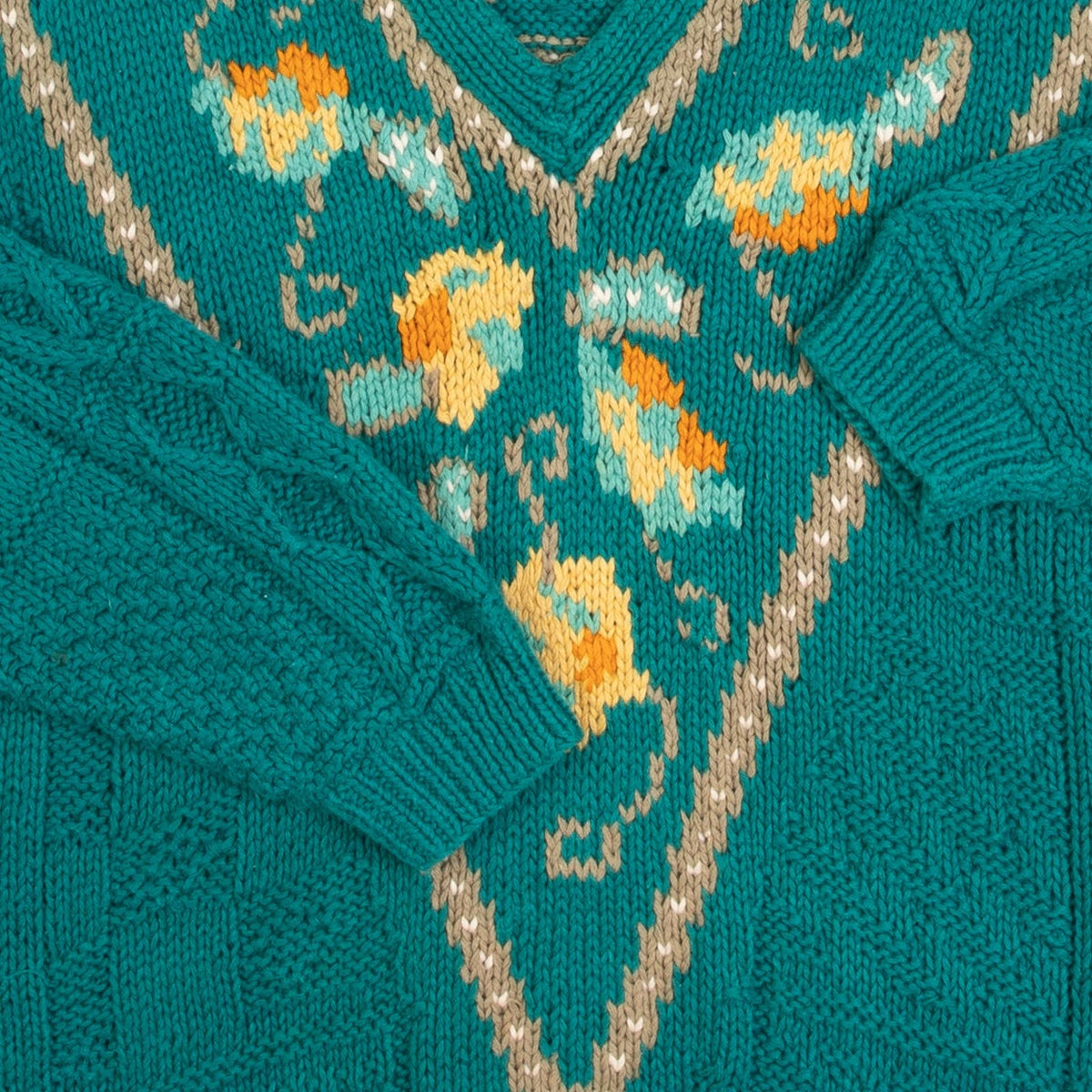 MEN'S VINTAGE 1990S STRUCTURED PATTERNED V-NECK KNITTED JUMPER - MEDIUM