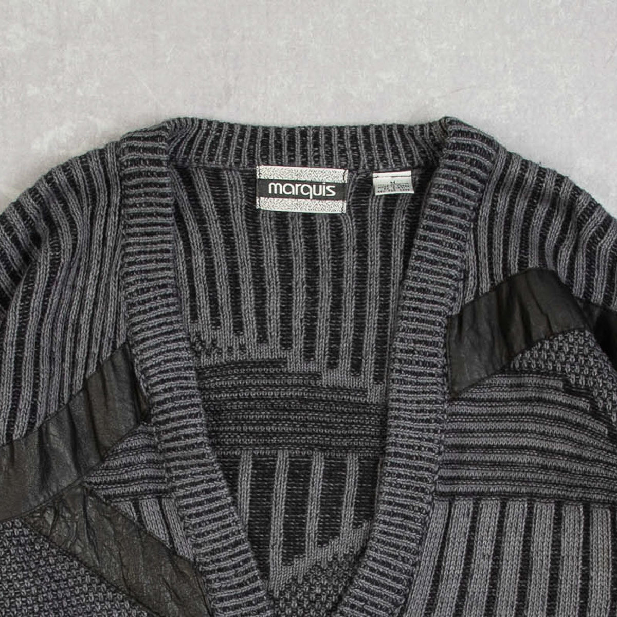 MEN'S VINTAGE 1990S LEATHER PATCH RIBBED KNITTED CARDIGAN - MEDIUM