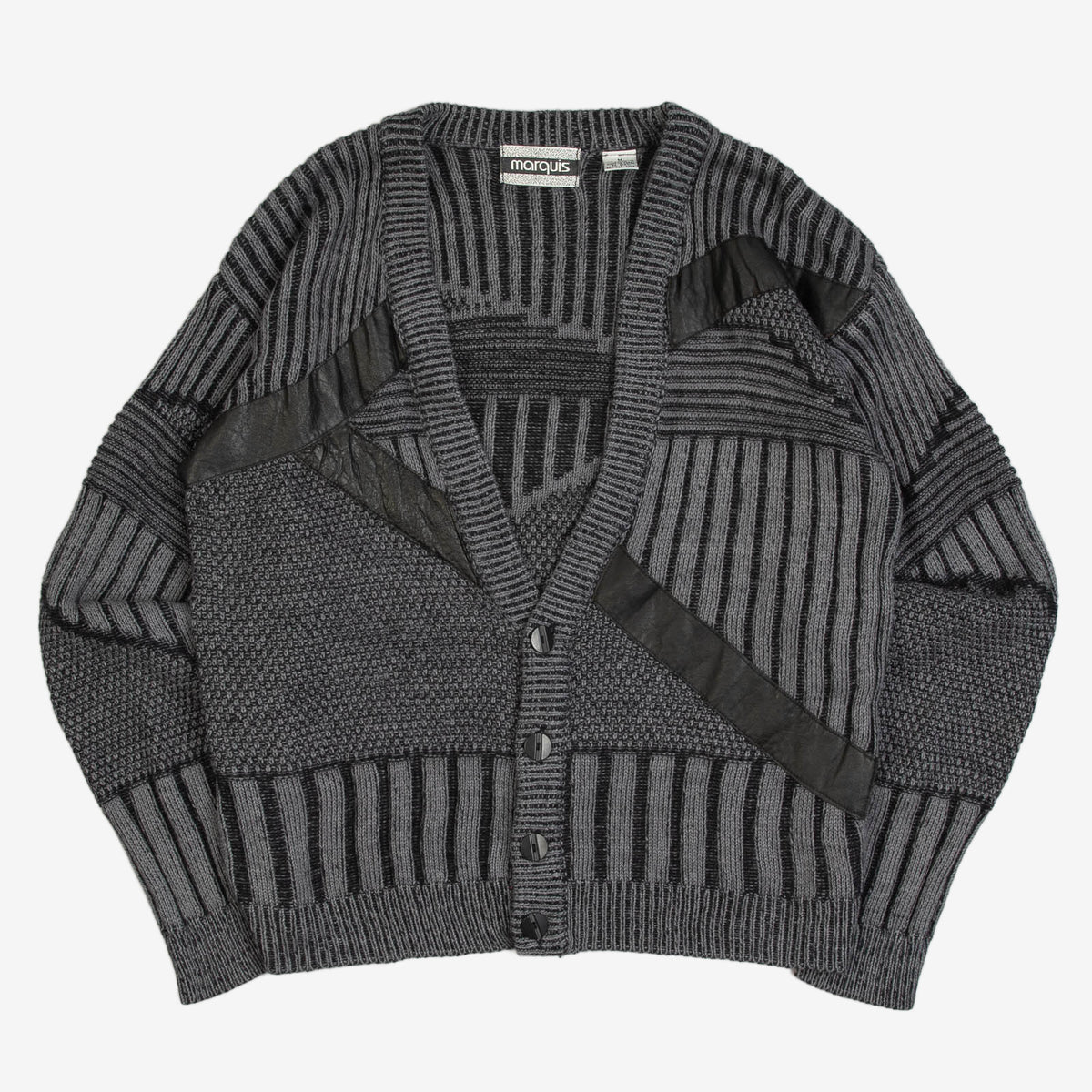 MEN'S VINTAGE 1990S LEATHER PATCH RIBBED KNITTED CARDIGAN - MEDIUM